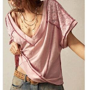 Blush Lace Accent V-Neck Tee